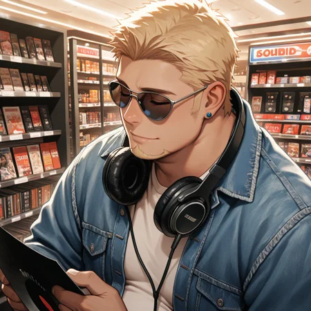 masterpiece, best quality, amazing quality, absurdres, newest, detailed background, definition so sharp, Ultra-HD, 8K cinematic, very awa, impressionate, amazing quality, highres, 
solo, male focus, manly, 
1boy, short hair, goatee, chubby, rikio_blonde, rikio_brown eyes, rikiokamamoto, sunglasses \(around neck\), earrings, sideburns, casual wear, denim jacket, record store, vibrant colors, chill, absorbed, content, harmonious, rhythmic, holding headphones, listening to music, closed eyes, subtle smile,
