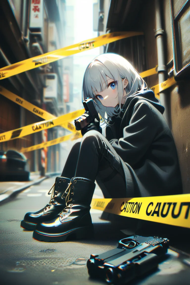 <lora:Dark_Detective:1>
1girl, bangs, black gloves, blue eyes, boots, caution tape, chromatic aberration, ground vehicle, handgun, holding weapon, hood, jacket, long hair, long sleeves, looking at viewer, short hair, sitting, street, table