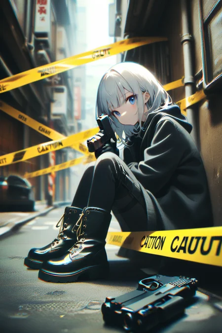 <lora:Dark_Detective:1>
1girl, bangs, black gloves, blue eyes, boots, caution tape, chromatic aberration, ground vehicle, handgun, holding weapon, hood, jacket, long hair, long sleeves, looking at viewer, short hair, sitting, street, table
