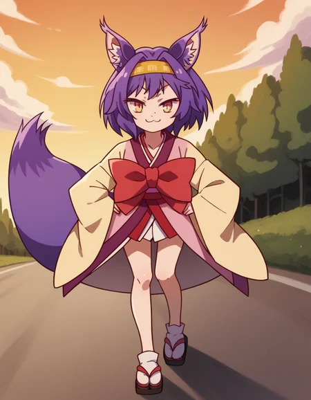score_9, score_8_up, score_7_up, source_anime, <lora:izuna-hatsuse-s1-ponyxl-lora-nochekaiser:1>, izuna hatsuse, short hair, animal ears, purple hair, hairband, animal ear fluff, fox ears, slit pupils, yellow eyes,, bow, tail, japanese clothes, wide sleeves, kimono, fox tail, short kimono,, suburban neighborhood, morning jog, earphones, running shoes, fresh air, sunrise, smile, looking at viewer, smug, hands on hips,, solo,, cowboy shot, dutch angle