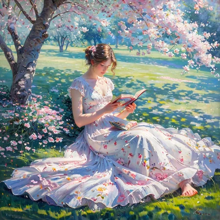 masterpiece, best quality, <lora:add-detail-xl:1>, <lora:ArsMJStylePony_-_Impressionism:1>, ArsMJStyle, impressionism, A serene garden scene with a young woman in a flowing white dress reading beneath a blooming cherry tree. Dappled sunlight filters through the pink petals, casting soft, colorful patterns on her dress and the lush grass around her. The atmosphere is one of tranquil contemplation.