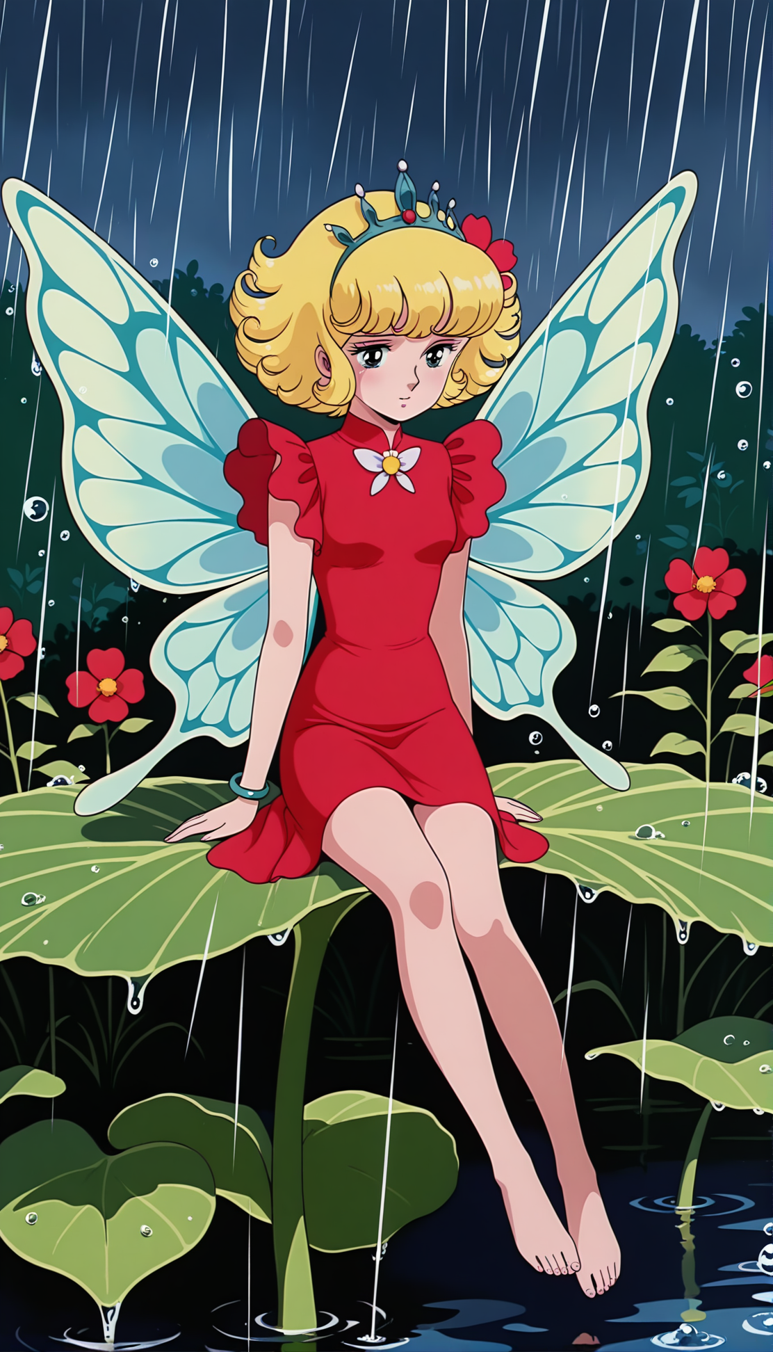 masterpiece,best quality,amazing quality,luluill,1girl,solo,1970s \(style\),retro artstyle,blonde hair,short hair,curly hair,blue eyes,wings,flower,dress,fairy,fairy wings,red dress,sitting,hair ornament,jewelry,rain,minigirl,tiara,bracelet,red flower,hair flower,barefoot,butterfly wings,water drop,<lora:luluill:0.8>,