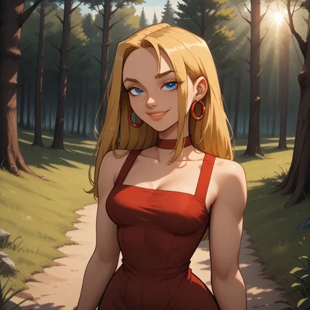 score_9, score_8, BREAK, solo, blonde hair, blue eyes, lips, red dress, red choker, red hoop earrings, yellow bracelets, total drama, Blaineley_(Total_Drama), breasts, self portrait, sexy pose, smile, outdoors, sunlight, shadows, evening lighting, natural lighting, forest, trees, grass, orange sky, sunset