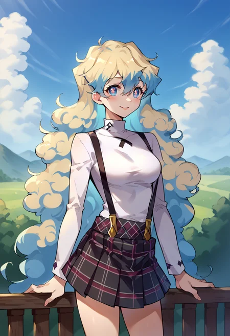 score_9, score_7_up, source_anime, BREAK smile, <lora:NiaS2-000009:1> nias2, 1girl, blue eyes,symbol-shaped pupils, very long hair, blonde hair, blue hair, two-tone hair, medium breasts,
<lora:ChamShuujinAcademyUniformPonyXL:1> GirlSuspenders, white turtleneck, suspenders, plaid skirt,
