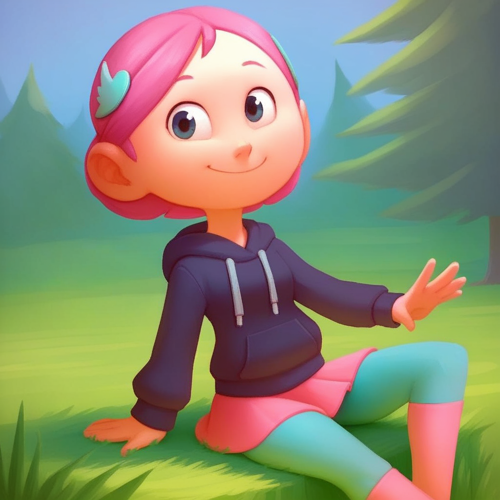 score_9, solo, stella_g, 1girl, pink hair, short hair, hair ornament, hoodie, skirt, leggings, smile, sitting, grass, tree