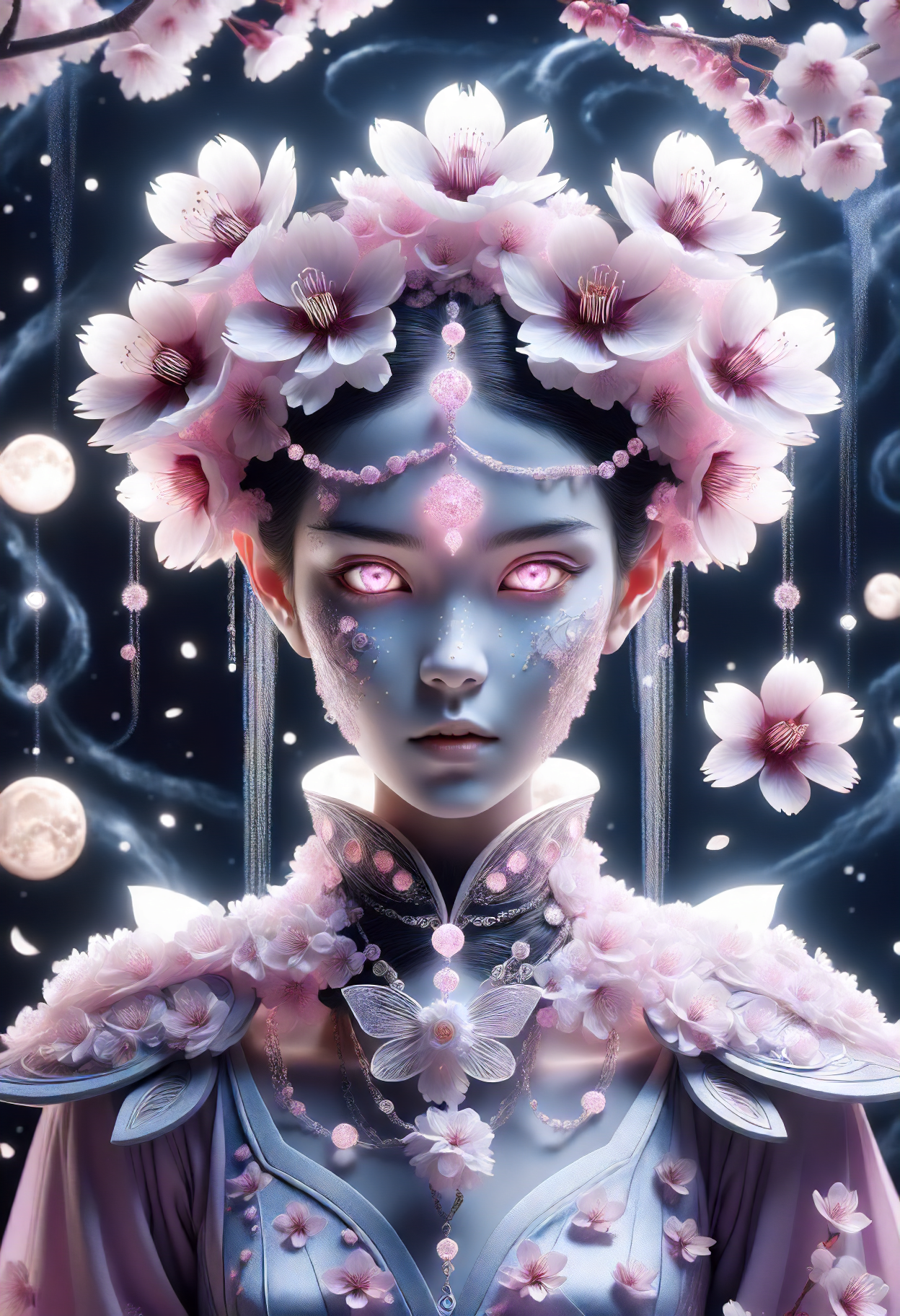 DonMS4kur4XL,sakura blossoms, female female  vampire, legendary creature, force, power, blood, undead, beautyful, alluring, night, moon, fangs, fantasy, adolescence, lean, latin american, hazel eyes, large ears,  tapered chin,  symmetrical cheeks,  oblong face shape,    , burgundy french twist hair, awe, engaging in alchemical experiments, transforming elements with magic,      wearing   celestial flare skirt,  enchanted shirts, mary jane shoes, headscarf,     chain    fascinate ( temperature regulating glass coatings vibration transfiguring  straight lines  swirling  light pink illusion   holographic resonance  liquid cuboid digital rain magic:1.0), symbolic enchantment, tracing magical symbols in the air, halo   <lora:released\DonM3t3rn1tyXL-v1.1-000008:0.8><lora:myLora\DonMS4kur4XL-000006:0.8>