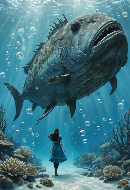 (water-colored), illustration, style of Jessica Galbreth,
(far view, far shot, rear view, facing away:1.3),
(Alice, very long dark brown hair, hair rim lighting, hair in the wind, blue maid dress with short sleeves, black tights, black shoes:1.5),
fog, dreamy, dream, coral, fish, sea weed
(walking, under water, bubbles, coral, giant fishes, sea weed, giant old ship:2)