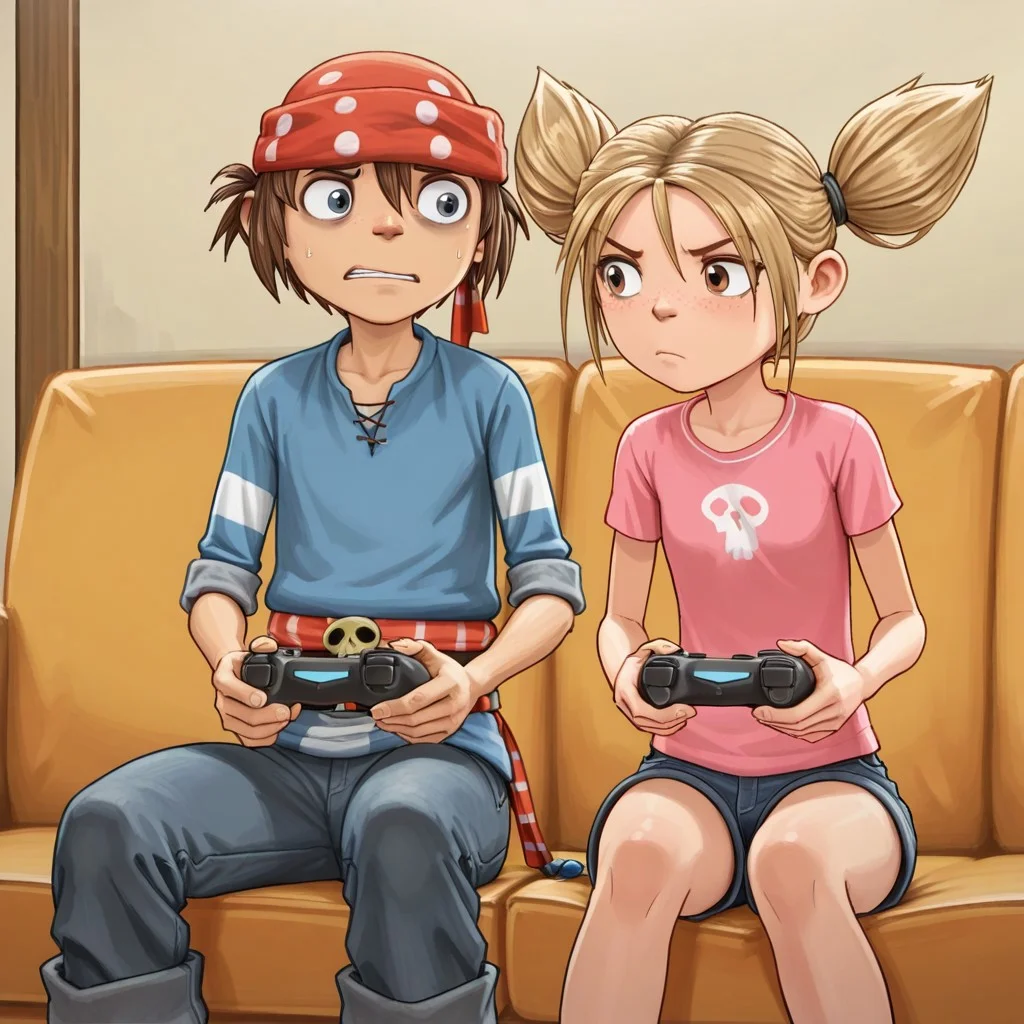 masterpiece, best quality, break, pnd, (1boy, jim_pnd, bandana), break, (1girl, matilda_pnd, twintails), sitting, sofa, game controller,