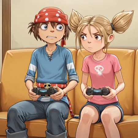 masterpiece, best quality, break, pnd, (1boy, jim_pnd, bandana), break, (1girl, matilda_pnd, twintails), sitting, sofa, game controller,