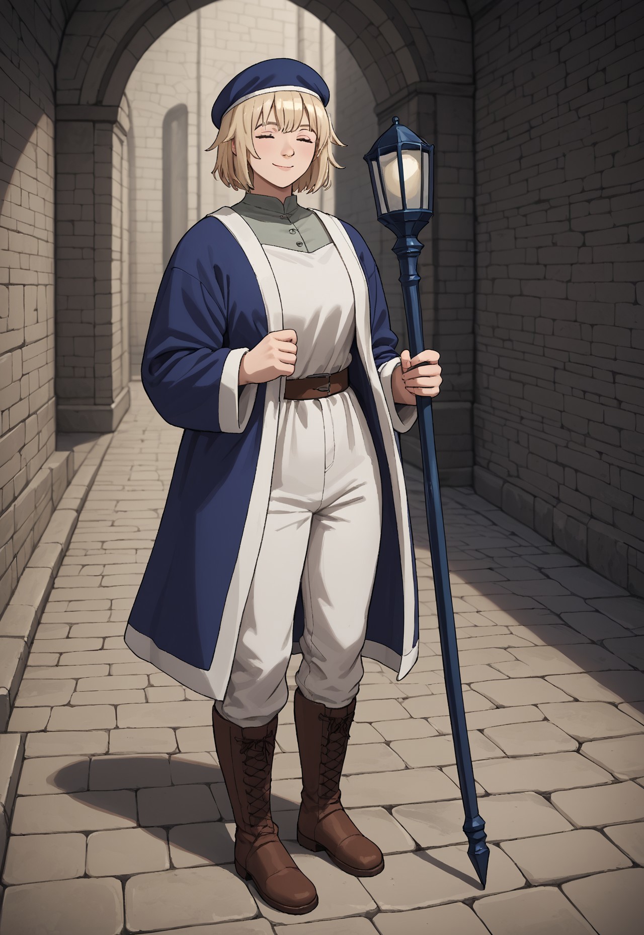 score_9, score_8_up, score_7_up, masterpiece, best quality, amazing quality, very aesthetic, absurdres, Dunmeshi_Falin, 1girl, solo, blonde hair, short hair, closed eyes, blue beret, white tunic, blue robe, brown belt, white pants, brown boots, smile, full body, perspective, staff, holding, holding staff, dungeon, dark