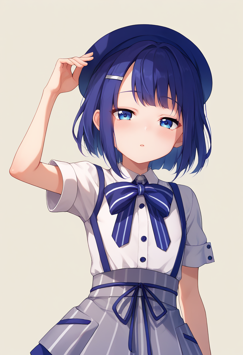 score_9, score_8_up, score_7_up, score_6_up, score_5_up, score_4_up, masterpiece, source_anime BREAK 1girl, ct-fuyu, flat chest, blue hair, short hair, blue eyes, hairclip, blue beret, white collared shirt, short sleeves, striped bow, suspender skirt, beige background, simple background, looking at viewer, blush, upper body, half-closed eyes, <lora:Fuiba_Fuyu_PONY_c:1>