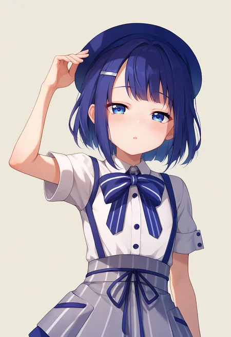 score_9, score_8_up, score_7_up, score_6_up, score_5_up, score_4_up, masterpiece, source_anime BREAK 1girl, ct-fuyu, flat chest, blue hair, short hair, blue eyes, hairclip, blue beret, white collared shirt, short sleeves, striped bow, suspender skirt, beige background, simple background, looking at viewer, blush, upper body, half-closed eyes, <lora:Fuiba_Fuyu_PONY_c:1>