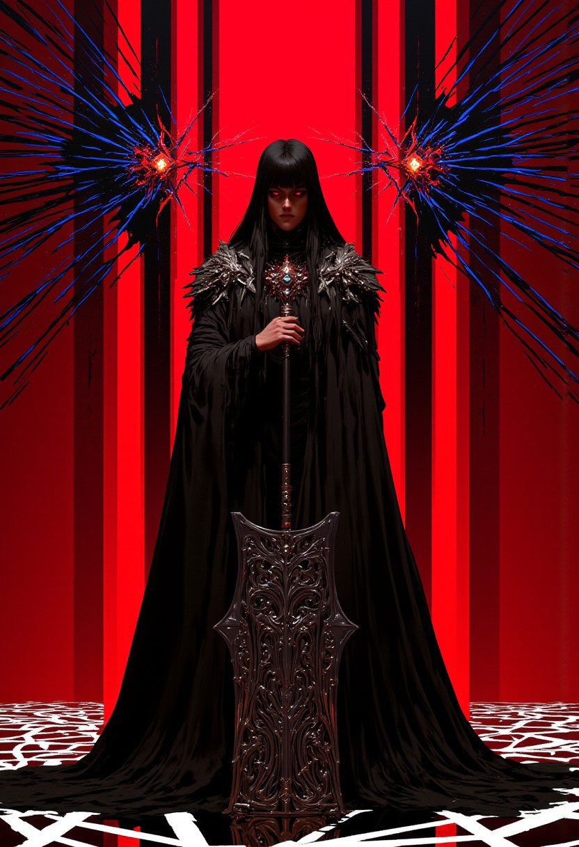 A woman with long, straight hair cascading down her back, bangs framing her glowing red eyes, stands against a vivid red backdrop. She wears a medieval robe and cloak, the fabric rich and flowing with deep black tones, adorned with intricate silver embroidery across the chest and sleeves. Her cloak billows around her as she wields a massive, double-edged fantasy axe, its blade gleaming with a metallic sheen, decorated with ancient symbols etched into the steel. The background features an optical illusion of sharp black and electric blue lines arranged in a geometric pattern, converging toward the center and creating a sense of movement that warps the space around her. On the floor, an optical illusion of white and lime green lines forms angular, dynamic shapes, weaving through the scene and adding a surreal depth to the setting. Her pose is powerful yet elegant: one foot forward in a strong, grounded stance, body slightly twisted, with one hand gripping the axe’s handle while the other rests on the flowing fabric of her cloak. The red backdrop casts dramatic shadows that accentuate her striking silhouette, intensifying the visual impact of her commanding presence. High quality rendering. 8K. b74_aes