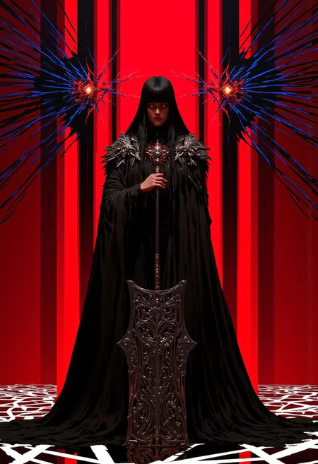 A woman with long, straight hair cascading down her back, bangs framing her glowing red eyes, stands against a vivid red backdrop. She wears a medieval robe and cloak, the fabric rich and flowing with deep black tones, adorned with intricate silver embroidery across the chest and sleeves. Her cloak billows around her as she wields a massive, double-edged fantasy axe, its blade gleaming with a metallic sheen, decorated with ancient symbols etched into the steel. The background features an optical illusion of sharp black and electric blue lines arranged in a geometric pattern, converging toward the center and creating a sense of movement that warps the space around her. On the floor, an optical illusion of white and lime green lines forms angular, dynamic shapes, weaving through the scene and adding a surreal depth to the setting. Her pose is powerful yet elegant: one foot forward in a strong, grounded stance, body slightly twisted, with one hand gripping the axe’s handle while the other rests on the flowing fabric of her cloak. The red backdrop casts dramatic shadows that accentuate her striking silhouette, intensifying the visual impact of her commanding presence. High quality rendering. 8K. b74_aes