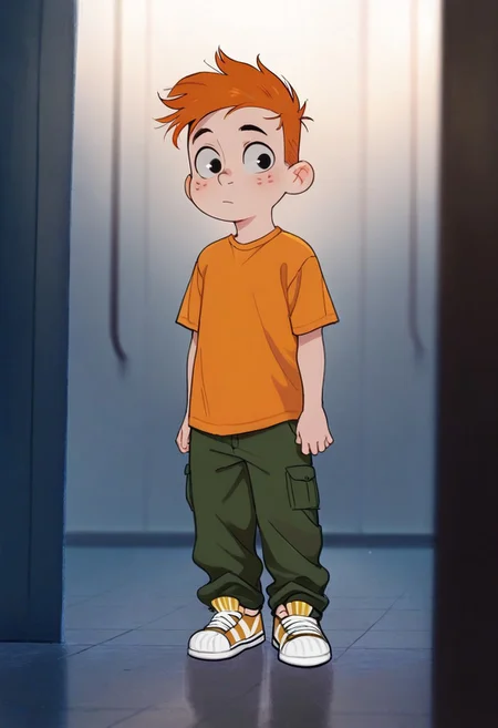 masterpiece, best quality, amazing quality, very aesthetic, absurdres, newest, volumetric lighting,
cinematic, intricately detailed illustration, depth of field, masterpiece, best quality, amazing quality, very aesthetic, absurdres, newest, 1boy, male focus, cute boy, solo, Adam Lyon, Black Eyes, Orange Hair, Freckles, Orange Shirt, Green Pants, Red and Yellow Striped Shoes, 15546+456868