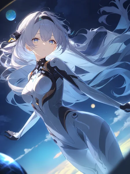 illustration, incredibly absurdres, ultra detailed, masterpiece, best quality, perfect features, intricate details, ray tracing, very aesthetic, (hitenkei, askzy:0.4), <lora:XL-aesthetic_anime:1:hr=0.1>, <lora:XL-detailed_notrigger:1:hr=0.5>, <lora:Char-HonkaiSR-Firefly-V4-SDXL:0.9>, 1girl, firefly \(honkai: star rail\), solo, hairband, hair ribbon, plugsuit, flying, midair, cowboy shot, expressionless, looking at viewer, night, floating hair, planet, dreaming, cloud, backlighting, depth of field