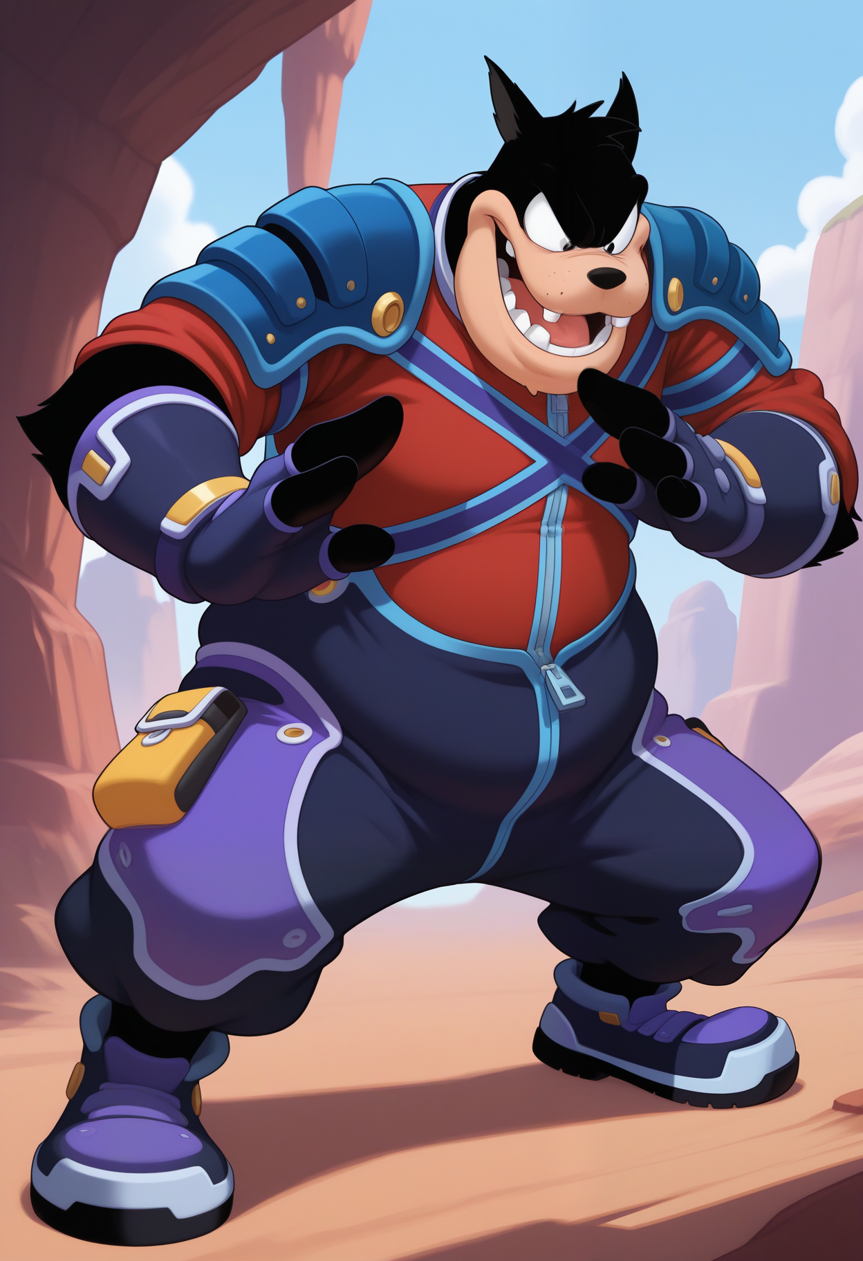 masterpiece,best quality,amazing quality,1boy, solo, p3t3, blue shoulder armor, purple bottoms, purple fingerless gloves, purple shoes, red undershirt, furry male, attack stance,