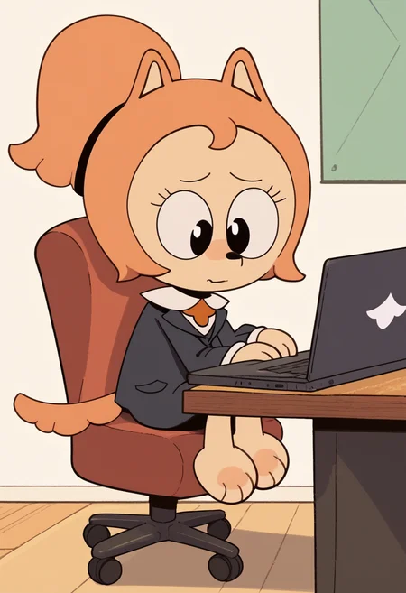 <lora:lala_kunshikter:1.3> score_9, score_8_up, score_7_up, BREAK, lala_kunshikter, dog girl, 1girl, furry female, animal ears, black eyes, dog tail, barefoot, ponytail, sitting on chair, full body, suit, desk, laptop