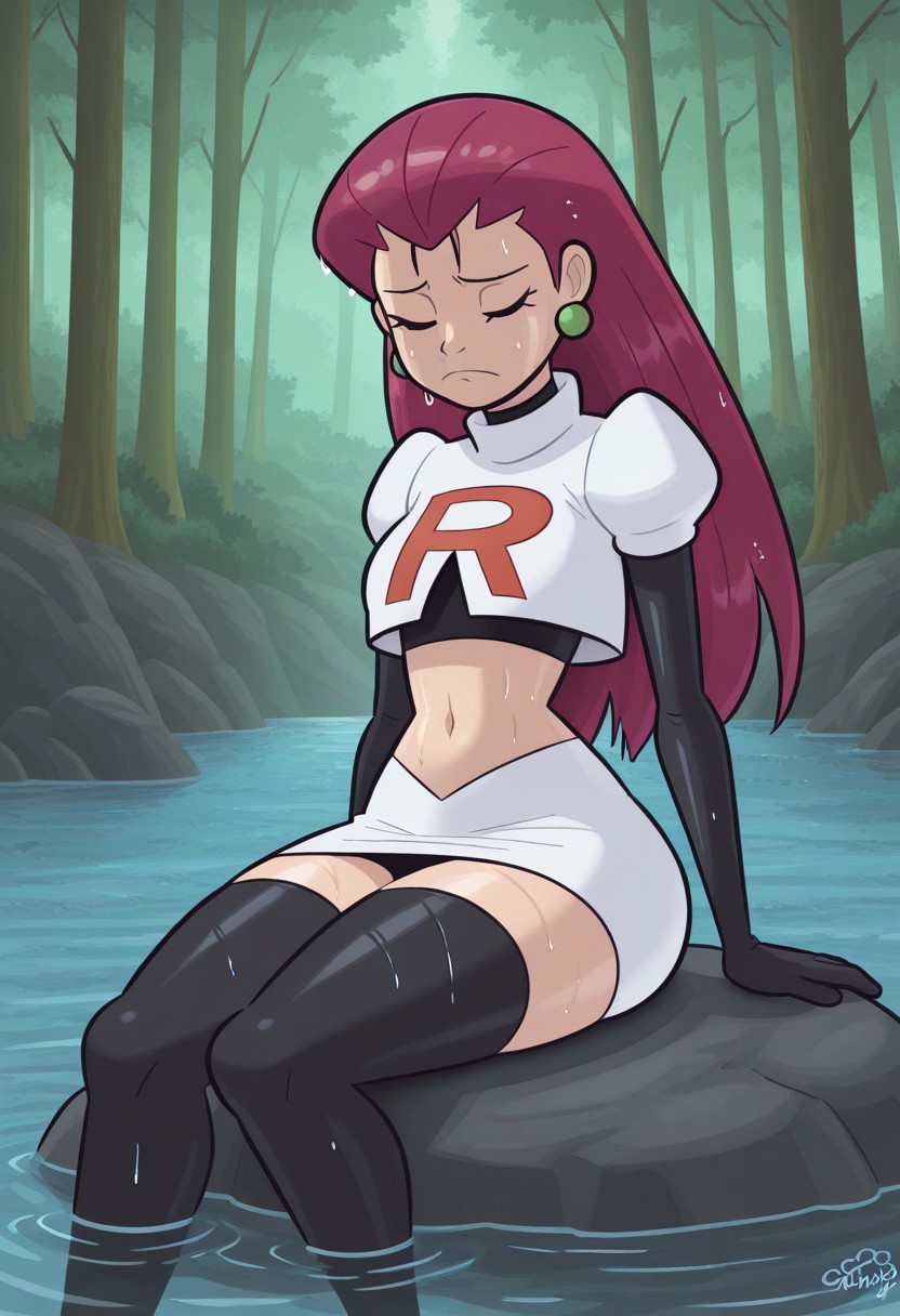 , EXTREME CLOSEUP, beautiful shadows,cartoony style,high res, extremely detailed, beautiful lighting, forest, river,
solo,1girl, jessie \(pokemon\), long hair, straight hair,wet hair,team rocket uniform, navel, black crop top, white jacket, black gloves, ,dissapointed,sad, sitting in rock