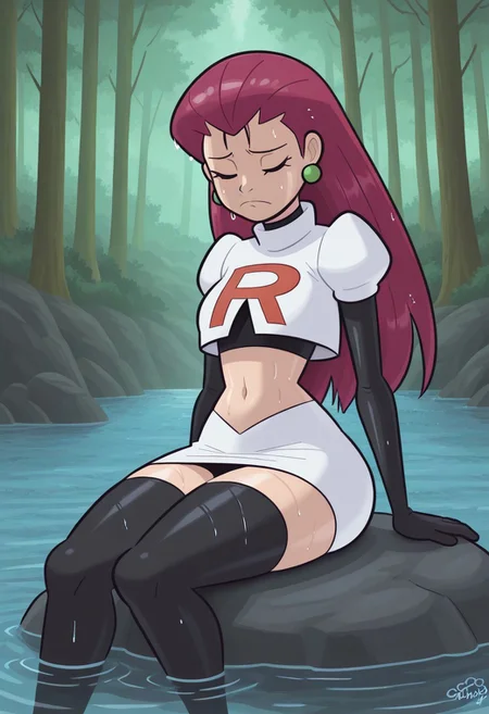 , EXTREME CLOSEUP, beautiful shadows,cartoony style,high res, extremely detailed, beautiful lighting, forest, river,
solo,1girl, jessie \(pokemon\), long hair, straight hair,wet hair,team rocket uniform, navel, black crop top, white jacket, black gloves, ,dissapointed,sad, sitting in rock