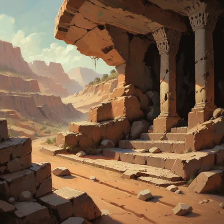 score_9, score_8_up, score_7_up, score_6_up, ultra detailed, landscape, desert, dry cracked ground, cave entrance, stone architecture