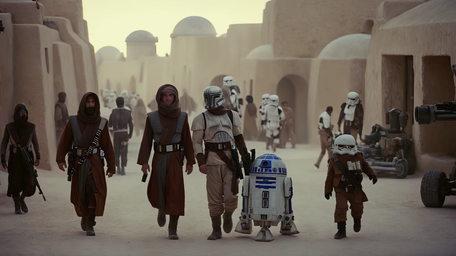 cinematic film still of <lora:star wars style:0.2>
<lora:detailed:0.4> detailed
<lora:perfection style:0.4> perfect
<lora:PerfectEyesXL:0.5>
<lora:Chiaroscuro Lighting Style:0.3>
<lora:Mos Eisley:0.9>
Mos Eisley a group of people walking around a town,in star wars style,hat,weapon,outdoors,multiple boys,gun,military,ground vehicle,motor vehicle,rifle,6+boys,car,soldier,desert, shallow depth of field, vignette, highly detailed, high budget, bokeh, cinemascope, moody, epic, gorgeous, film grain, grainy