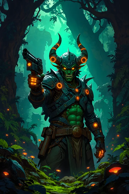 In the swirling depths of an alien jungle, a warrior with emerald-green skin and cybernetic implants points a sleek, glowing blaster directly toward the viewer. His piercing, golden eyes gleam with intensity beneath his horned helmet, and his muscular frame is adorned with intricate armor that hums with a faint, pulsing light. Towering alien plants with bioluminescent leaves rise around him, their vibrant colors casting strange shadows across the landscape, while exotic creatures scuttle in the darkness behind him. The jungle floor is littered with twisted vines and strange, glowing fungi, their light reflecting off the warriorâs cybernetic arm as it powers up the blaster, ready to fire. A low growl rumbles from his throat, and the tension in the air is palpable, as if the entire jungle is holding its breath in anticipation. The dense, humid air is thick with the scent of alien flora, adding to the wild, otherworldly atmosphere. His expression is one of focused determination, his eyes locked on the viewer as if marking them as his next target.<lora:Anime v1.3:1.2>