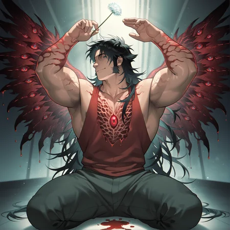 dynamic pose, dynamic angle,glowing wings, 
looking at viewer, light smile, wariza, flesh wings, holding dandelion, arms up, bloody wings, depth of field,light in heart,  
solo ,bara , 1boy , bare shoulders ,muscles , black hair , blurry , blurry background , collarbone , clothed, eldritch abomination ,flesh ,
 green eyes , long hair , profile , ribbon , sleeveless , sleeveless shirt, very long hair  , green theme , red theme ,dark , horror ethereal , melancholic , glowing control panels casting ,soft blue light, dreamy atmosphere surreal ,horrifying , flowing hair gently drifting in an eerie, unsettling atmosphere, vibrant green and red hues blending chaotically, organic and grotesque textures covering the environment, glowing veins pulsing faint light (floating hair:1.1), (chromatic aberration:1.2), (light particles:0.9), (muted colors:1.5), (vibrant colors:0.8), (bright colors:0.7), (glowing sparkles:0.5), (radiant reflections:0.3), (soft light rays:0.7), blood-red mist, glowing green tendrils, dark and oppressive ambiance,cinematic lighting , raytracing , dynamic angle , depth of field , high contrast , colorful , detailed light , light leaks , beautiful detailed glow , best shadow , shiny , intricate details , hyperdetailed , iridescent,
,masterpiece,best quality,amazing quality,kienbiu