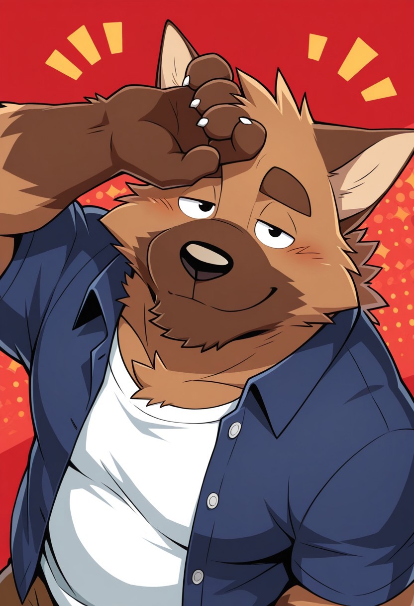 H1r0, 1boy, solo, detail background, red background, abstract background, anthro, dog, brown fur, dark brown fur, black eyes, thick arms, fluffy tail, dog tail, thick dark brown eyebrows, pointed ears, canine ears, short ears, fat, belly, overweight, two tone tail, dark brown snout, black nose, white claws, unbuttoned navy blue shirt, white t-shirt, brown shorts, BREAK hand on own forehead, looking at viewer, smile, high angle, close-up, upper body, half eyes closed