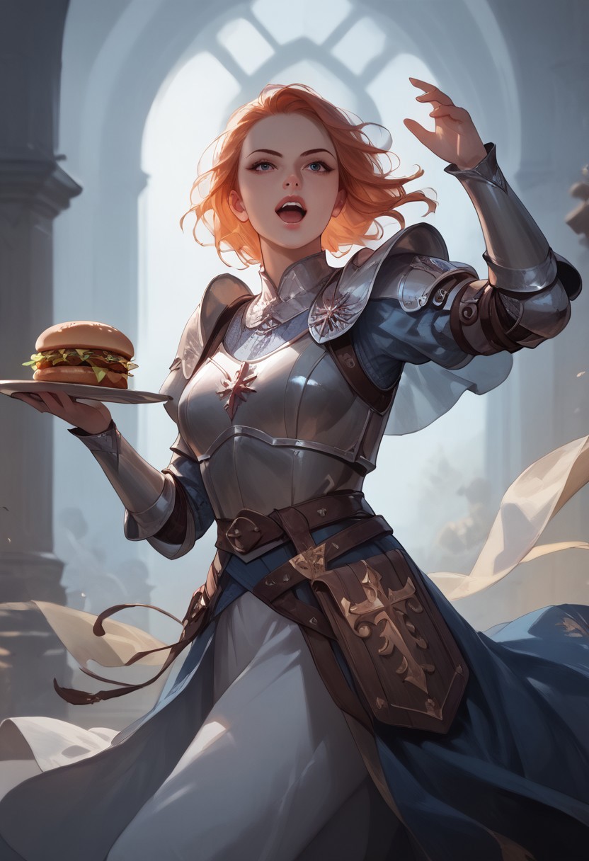 score_9, score_8_up, score_7_up, 8k, portrait,  concept art twilight, vintage illustration,
1girl, solo,  
dynamic pose, medieval, heavy armor, plate armor, helmet, open mouth, holding hamburger,  beautifully backlit, depth of field:1.5, indirect lighting:1.3, high contrast shadows, dramatic shadows across face:1.2, cinematic lighting on face,