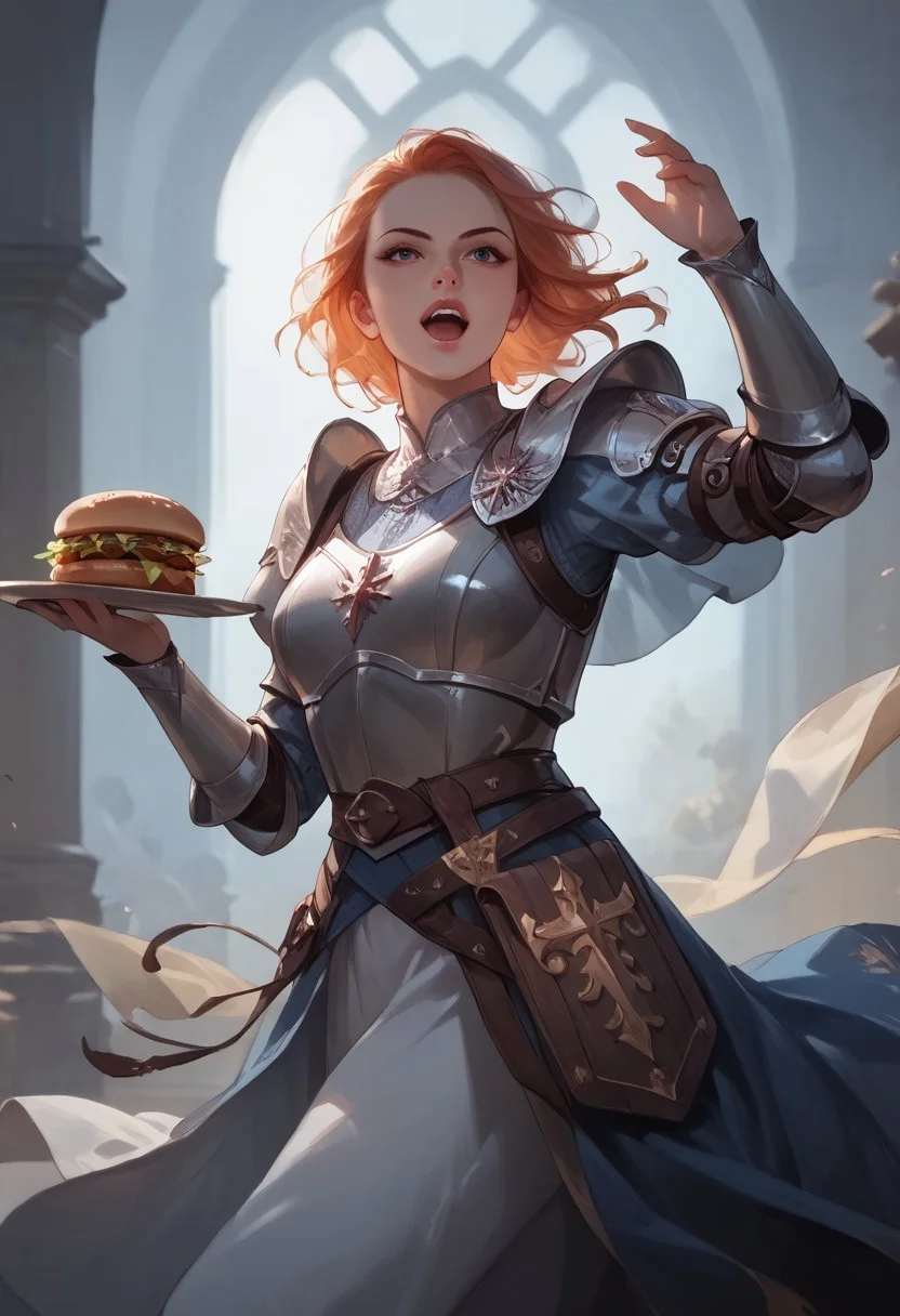 score_9, score_8_up, score_7_up, 8k, portrait, concept art twilight, vintage illustration,
1girl, solo,
dynamic pose, medieval, heavy armor, plate armor, helmet, open mouth, holding hamburger, beautifully backlit, depth of field:1.5, indirect lighting:1.3, high contrast shadows, dramatic shadows across face:1.2, cinematic lighting on face,