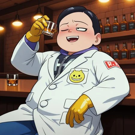 masterpiece, best quality, amazing quality, drhedo, 1boy, male, solo, human, short hair, black hair, black eyes, black eyeliner, short, chubby, purple and black costume, zipper, yellow gloves, yellow boots, white lab coat, blue pants, sitting down, holding shot glass, whiskey, drunk, smile, one eye closed, open mouth, arms up, indoors, bar, lights