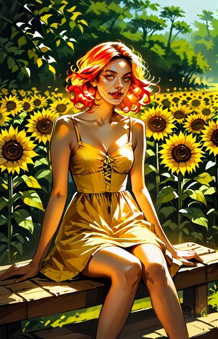 score_9_up, score_8_up, score_7_up ,masterpiece, absurdres, photorealistic, smooth skin,
radiant girl, long fiery red hair cascading over her shoulders, dreamy expression, dressed in a yellow sundress, sitting on a wooden bench in a sunflower field at golden hour
 <lora:Roxxin_Cute_Style_1.0:0.9>
