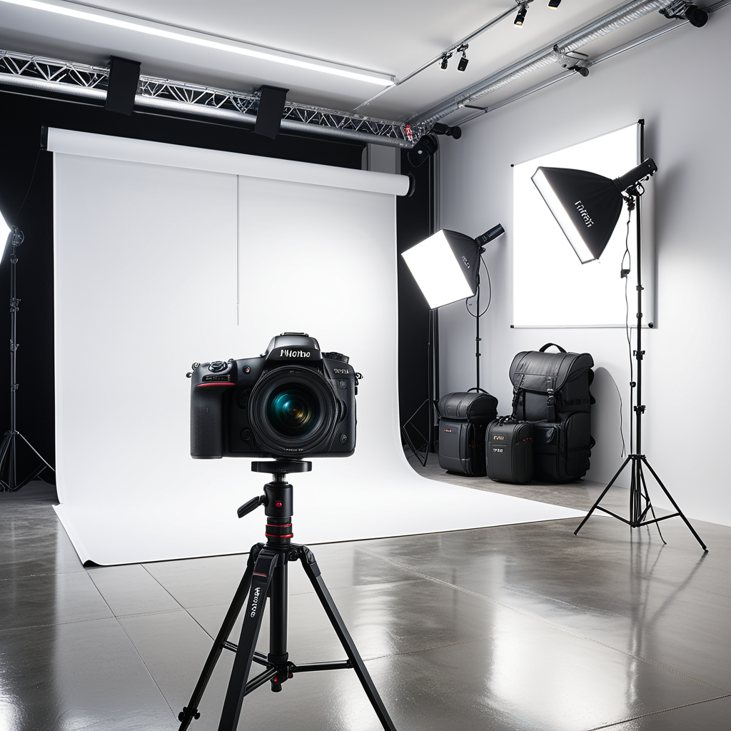 A professional photography studio with a clean, modern design. The room has smooth white walls and a polished concrete floor. A large white backdrop extends across one wall, seamlessly curving into the floor to create an infinity effect. Positioned directly in front of the backdrop is a high-end DSLR camera mounted on a sturdy black tripod, aimed toward the scene for shooting. The camera has a visible lens and adjustment dials, indicating a professional setup. On either side of the backdrop are two large softbox lights mounted on adjustable stands, emitting a soft, even glow. In the background, there are black equipment cases stacked neatly against the wall, adding to the organized workspace. The overhead fluorescent lights illuminate the space evenly, and faint reflections of the setup can be seen on the smooth floor. The overall atmosphere is bright, clean, and professional, emphasizing functionality and creative potential.
<lora:SDXLFaeTastic2400:0.4> <lora:extremely_detailed:0.4> extremely detailed, Masterpiece,best quality,hi res,8k,hi res,8k,award winning,(sharp focus, intricate, highly detailed),