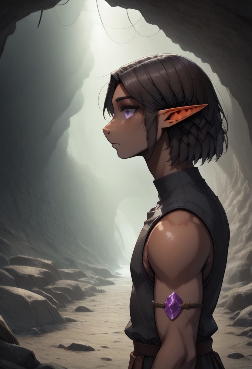 Repeta, 1 person, snout nose, solo, pointy ears, violet eyes, dark skin, dark brown hair, chin-length hair, parted hair, black sleeveless top, 
((jewel on arm)),
organic cavern background,
Medieval style,
Bordered by rock walls, side view, 
Smooth colors, highly detailed face, clean lines, high quality, best quality, masterpiece, score: 9, score: 8 up, rating: safe, source: semi-realistic,