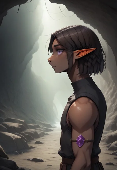 Repeta, 1 person, snout nose, solo, pointy ears, violet eyes, dark skin, dark brown hair, chin-length hair, parted hair, black sleeveless top,
((jewel on arm)),
organic cavern background,
Medieval style,
Bordered by rock walls, side view,
Smooth colors, highly detailed face, clean lines, high quality, best quality, masterpiece, score: 9, score: 8 up, rating: safe, source: semi-realistic,