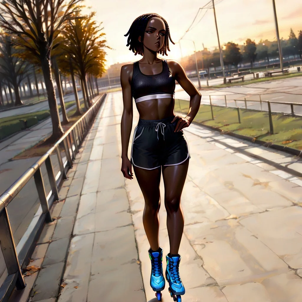 (masterpiece, newest, best quality, highly detailed, very awa, superfine illustration, official art style), very detailed face, hyperrealistic, (UHD quality details), 1girl, ebony_girl, standing, contraposto, hand on hip, inline skates, pouting, very dark skin, small breasts, shorts, neon mesh top, black sports bra, black hair, dreadlocks, natural light, evening sunshine, public park, dynamic angle, depth of field, 8k uhd, absurdres, volumetric lighting, tack sharp focus, beautiful composition, intricate detail, professional illustration