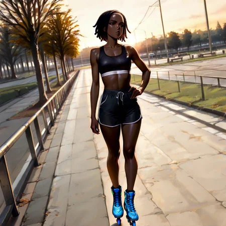 (masterpiece, newest, best quality, highly detailed, very awa, superfine illustration, official art style), very detailed face, hyperrealistic, (UHD quality details), 1girl, ebony_girl, standing, contraposto, hand on hip, inline skates, pouting, very dark skin, small breasts, shorts, neon mesh top, black sports bra, black hair, dreadlocks, natural light, evening sunshine, public park, dynamic angle, depth of field, 8k uhd, absurdres, volumetric lighting, tack sharp focus, beautiful composition, intricate detail, professional illustration