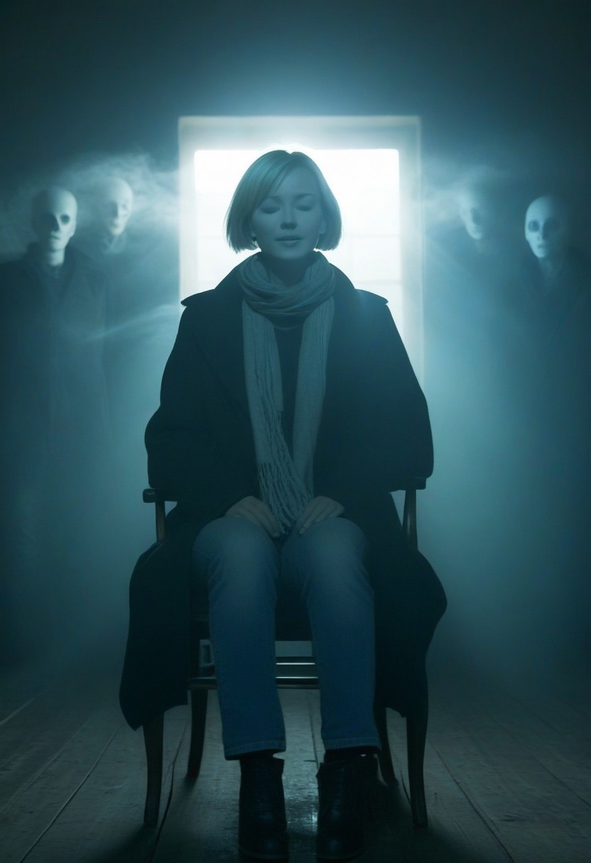 This is a dark, atmospheric photograph featuring a surreal scene. The central figure is a young woman, with short, light-colored hair, sitting in a simple wooden chair in a dimly lit room. She has a pale complexion and appears to be in a trance-like state, eyes closed, with a slight, serene smile on her face. She is dressed in a dark, loose-fitting coat and jeans, with a scarf wrapped around her neck, suggesting a somewhat eerie, supernatural atmosphere.
Surrounding her is a misty, ethereal cloud of spirits or ghosts. These spectral figures, predominantly female, have ghostly faces with wide, pleading eyes and elongated, wispy hair. They are floating around the woman, seemingly emanating from the light that pours in from a high window behind her. The light source, possibly the sun, casts a dramatic, diffused glow, adding to the haunting, otherworldly feel.
The background is a dark, mysterious blue, blending into a deep, shadowy haze that engulfs the room, creating an immersive, eerie atmosphere. The texture of the wooden floor beneath the chair is visible, adding to the grounded, tangible aspect of the scene, which contrasts sharply with the ethereal, floating figures.