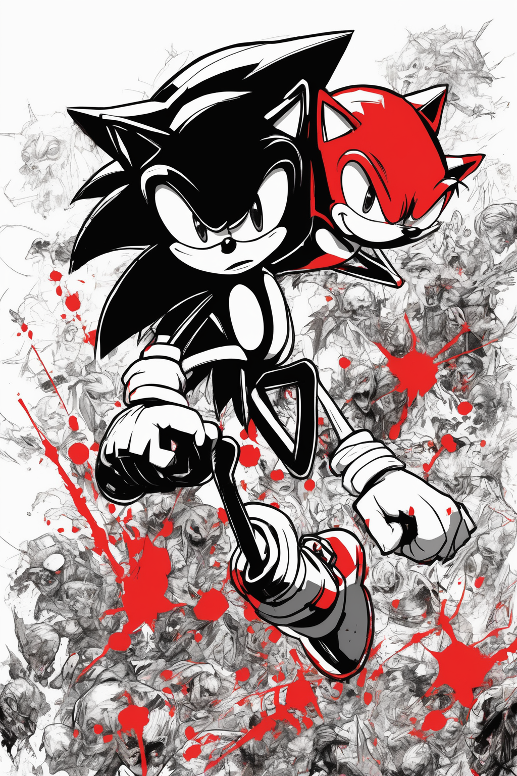 Jim Mahfood Style - sonic the hedgehog, By Marc Silvestri, trash polka style, woman zombie, action pose, comic, heavy linework, agressive, woman in black and white, red tones and black background