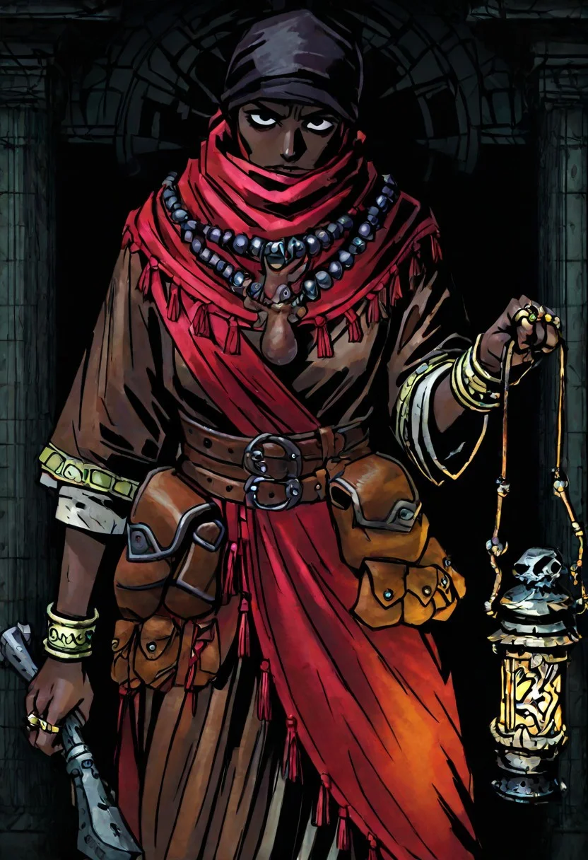 masterpiece, best quality, newest, absurdres, highres, DDstyle, official style, black eyes, shaded eyes, solo, solo focus,
1girl, DDAntiq-V1.1, scarf, bandana, robe, dark-skinned female, dark skin, belt pouch, pouch, necklace, belt, ring, bracelet,
lantern, holding, holding lantern,