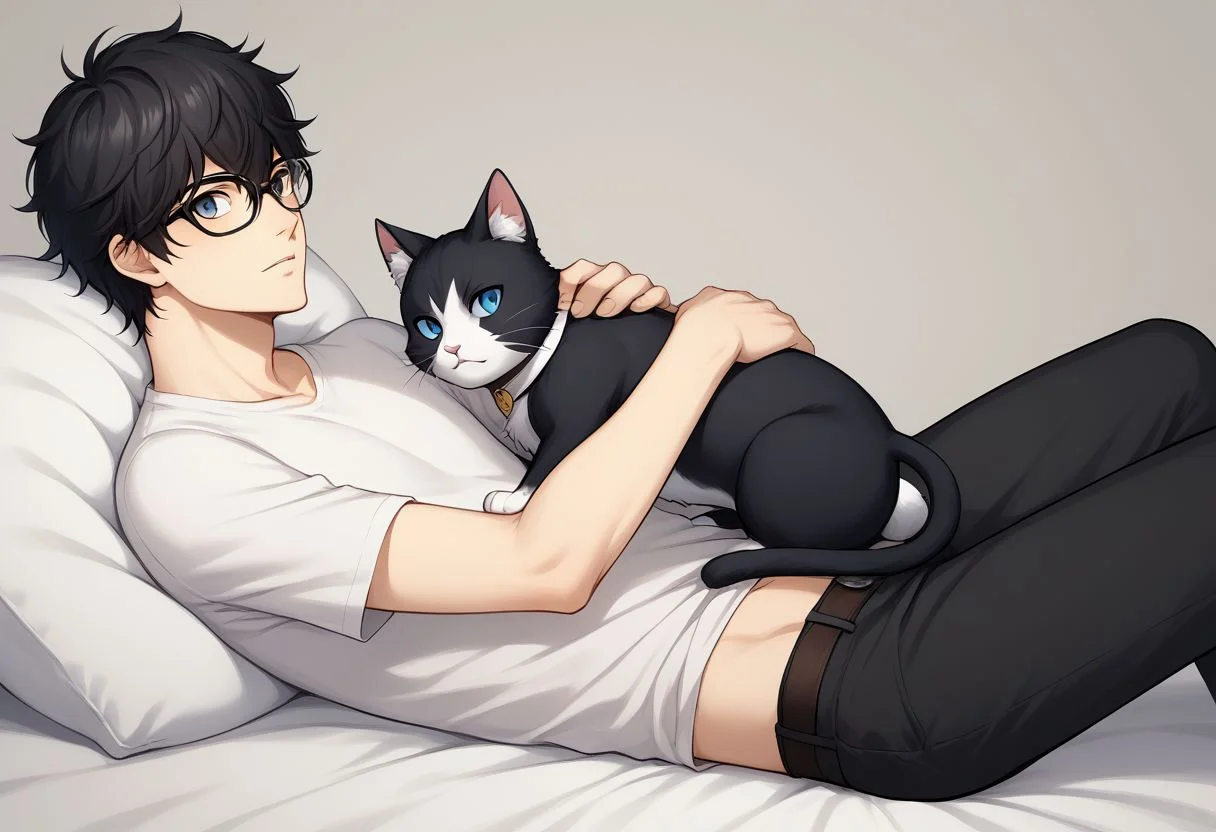 score_9, score_8_up, source_anime, highly detailed, 1boy, solo, male_focus, slender, skinny,
ren, 1boy, cat, black hair, glasses, male focus, shirt, pants, black cat, animal, black eyes, blue eyes,
indoor, lying on bed, on back, hug cat,