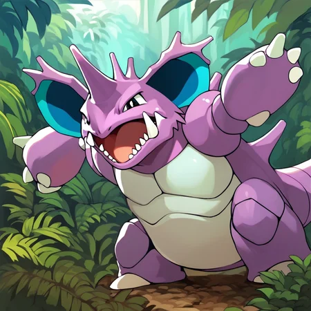 (source_anime, score_9, score_8_up, score_7_up:1), solo male, nidoking, feral, open mouth, looking at viewer, outdoors, jungle