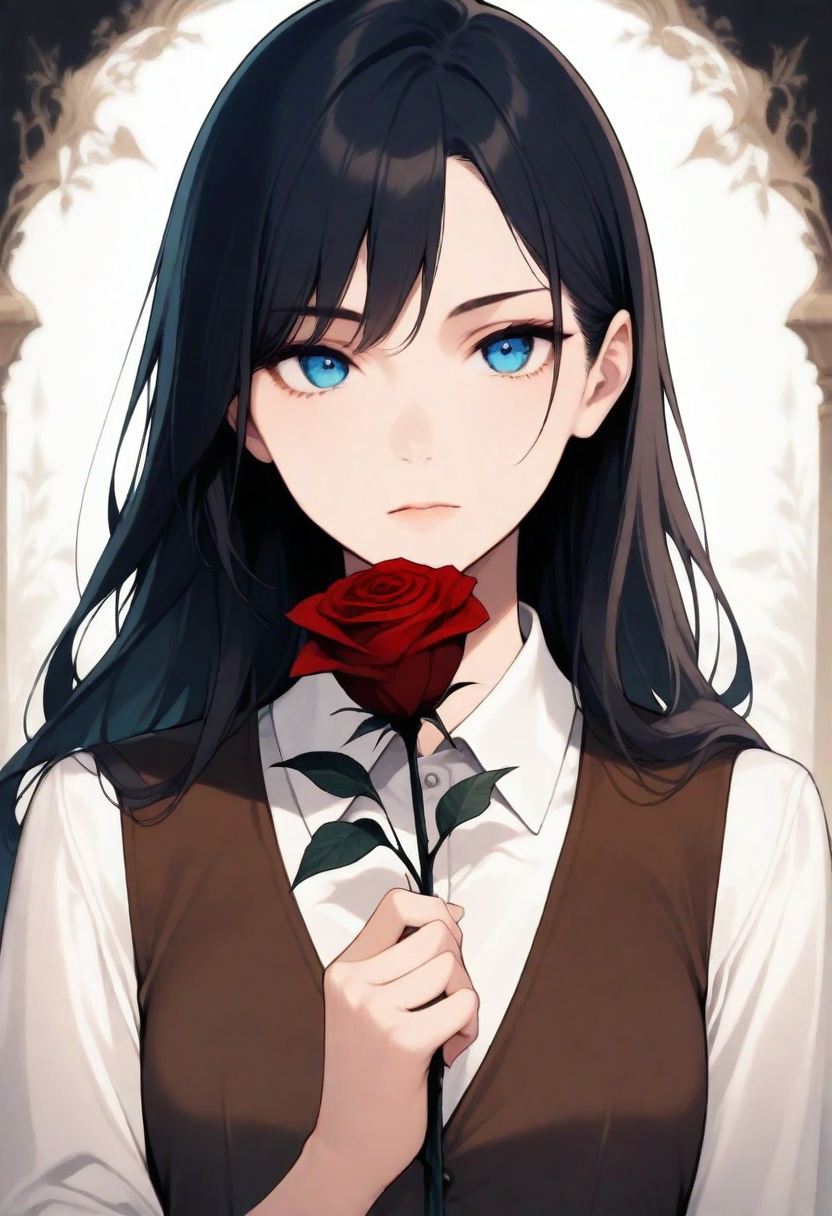 1girl, solo, dark hair, long hair, looking at viewer, holding rose, blue eyes, white collared shirt, brown vest, upper body, masterpiece, best quality, very aesthetic