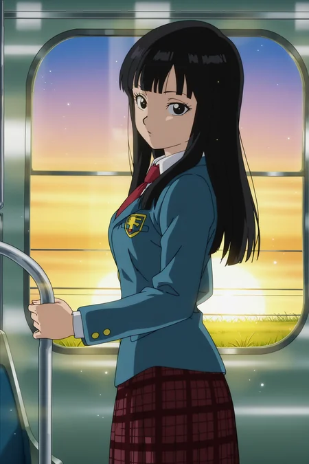anime screencap, absurdres, high quality, official style,
teen mai, black hair, long hair, bangs, eyelashes, black eyes,
school uniform, blazer, blue jacket, print jacket, red necktie, collared shirt, white shirt, long sleeves, plaid skirt,
cowboy shot, holding rail, train interior, cowboy shot, from side, looking at viewer, window, sunrise, dawn, field, grass, light rays, light particles,
<lora:Mai_IL:0.8>