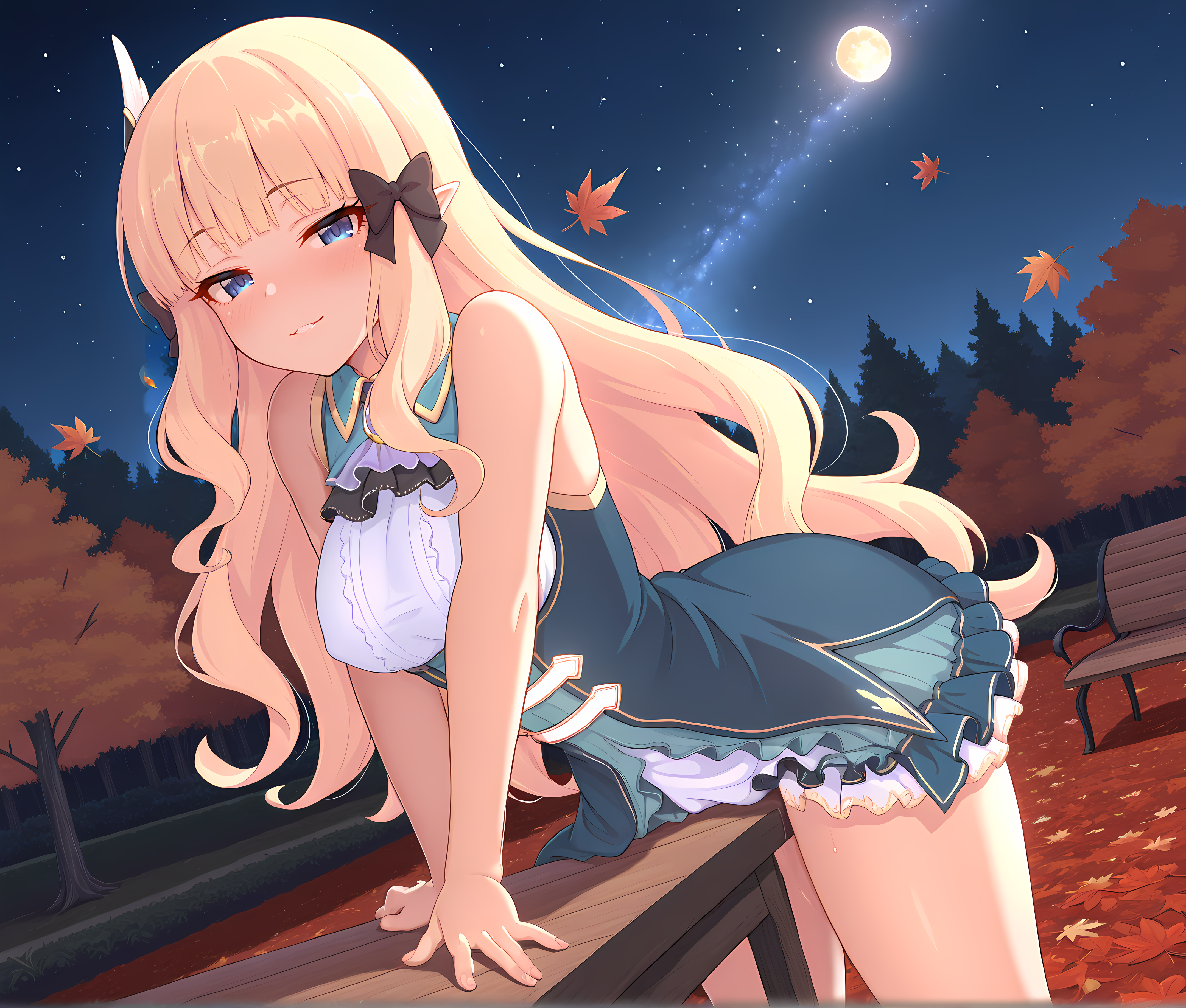 solo,<lora:Table_Masturbation:0.9>,tablegrind,saren \(princess connect!\),outdoors,park,park bench,forest,tree,foliage,flower,grass,trail,nature,autumn leaves,falling leaves,night,night sky,full moon,starry sky,seductive smile,, masterpiece,best quality,amazing quality, very aesthetic, absurdres,detailed eyes,ultra-detailed,