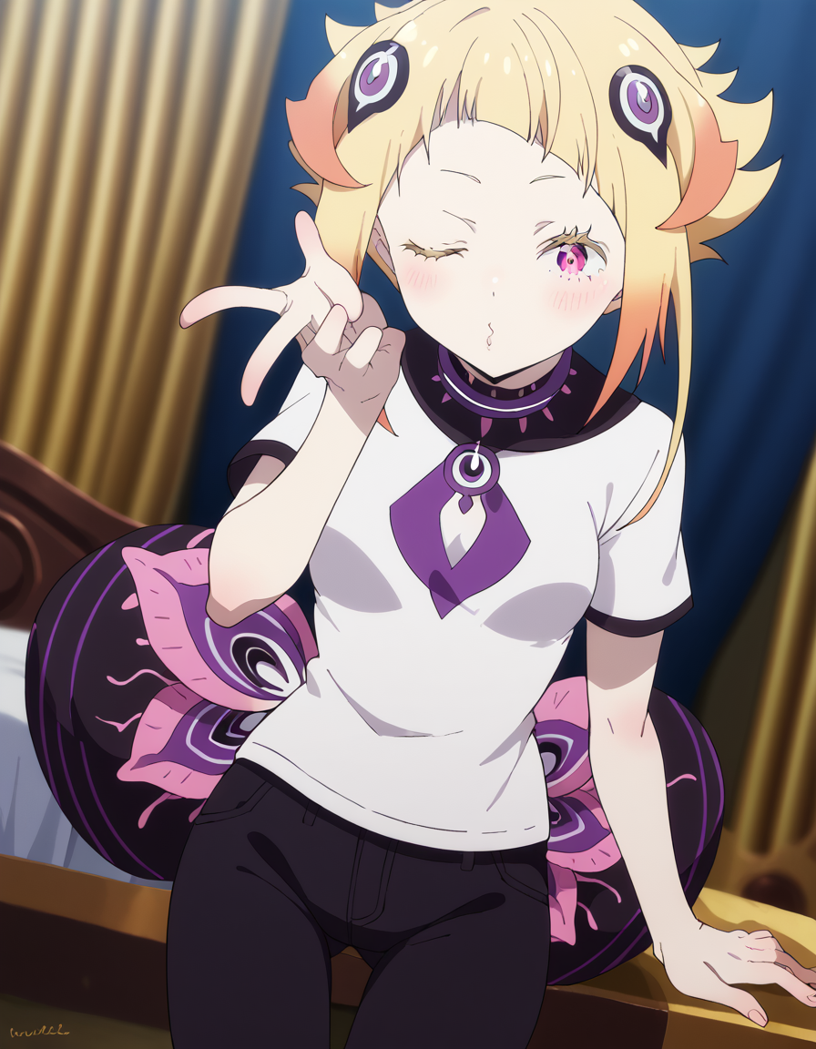 score_9, score_8_up, score_7_up, source_anime, <lora:capella-emerada-lugunica-s3-p1-ponyxl-lora-nochekaiser:1>, capella emerada lugunica, short hair, blonde hair, hair ornament, pink eyes, multicolored hair, gradient hair,, shirt, t-shirt, white shirt, pants, denim pants,, harbor, boats, water, dock, trade, , <lora:blowing-kiss-ponyxl-lora-nochekaiser:1>, blowing kiss, pucked lips, heart, one eye closed, o3o, hand up, bed room, bed, blush, cowboy shot, dutch angle,, looking at viewer, solo,, dutch angle, cowboy shot