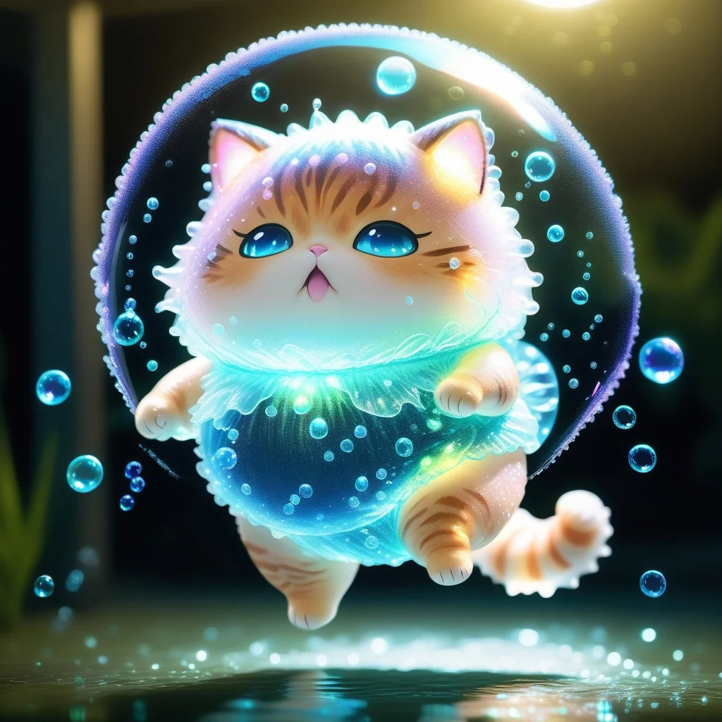 all made out of Jed-Bwtrspkl, a chibi fat cat made out of Jed-Bwtrspkl in a attached to frilly panty costume made out of Jed-Bwtrspkl, jumping blowing bubble made out of Jed-Bwtrspkl <lora:BioWaterSparkleStyle:1>
