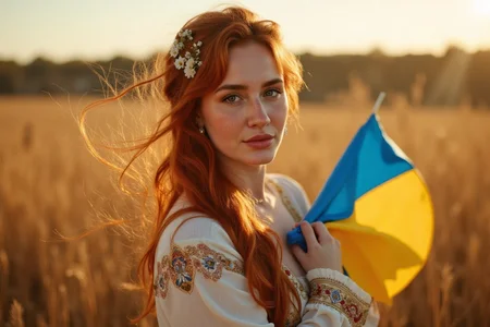 A cinematic, photorealistic portrait of krasinafoxx, a red-haired woman with her hair woven into a traditional Ukrainian braid, adorned with delicate wildflowers and ribbons. She wears an ornate, embroidered Ukrainian dress in warm earth tones. Standing in a windswept rural field under golden hour light, she holds the Ukrainian flag close to her heart with solemn pride. Her eyes are filled with quiet strength, hope, and a plea for peace. The image is framed like a scene from an Eastern European historical drama — soft natural light, subtle lens flare, muted cinematic color grading, fine film grain, and shallow depth of field. The mood is emotional, powerful, and steeped in cultural identity.