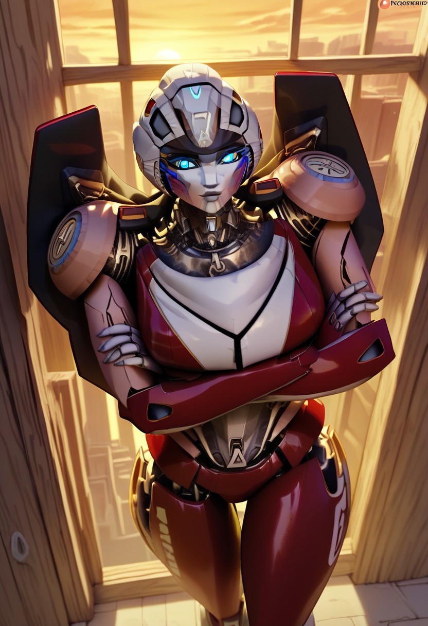 score_9, score_8_up, masterpiece, best quality, arceerotb, autobot, 1girl, red and white body, mechanical parts, robot, helmet-like head, robotic face, glowing blue eyes, autobot symbol on forehead, fairing-like chest, wheels on back, 'ducati' printed on right leg, narrow waist, indoors, close-up to face, shexyo, resting on wall, top-down view, overhead view, standing, crossing arms